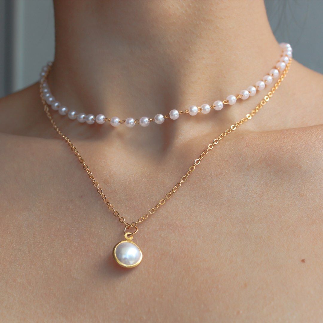 Hot Selling Elegant Double Layered Pearl Necklace Gold Chain White Pearls Bead Choker