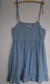 Ladies denim look dress L tie up