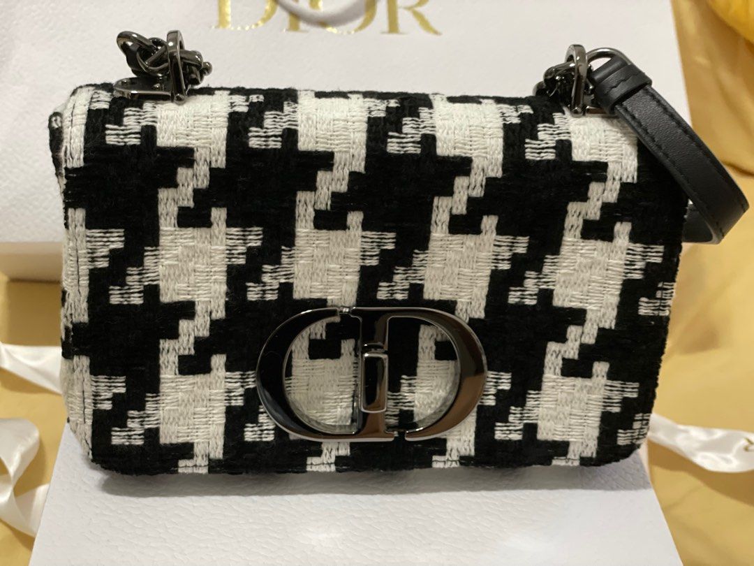 Shoulder Strap with Ring Black and White '30 MONTAIGNE' Houndstooth  Embroidery