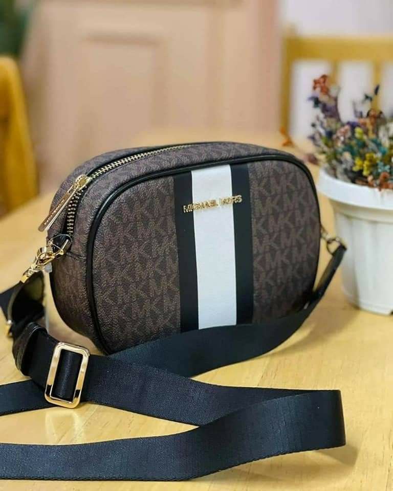 Michael Kors Jet Set Brown Logo Oval Crossbody Camera Bag Clutch
