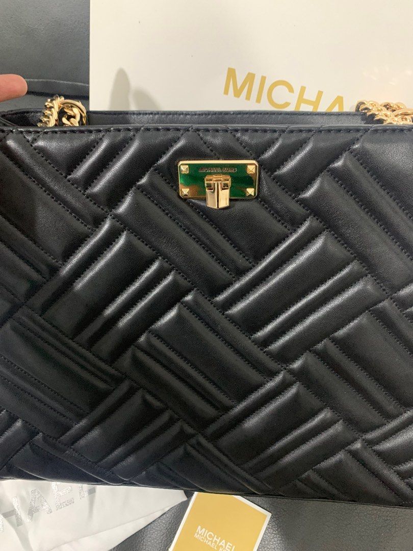 MICHAEL KORS PEYTON QUILTED LEATHER LARGE CONVERTIBLE CHAIN TOTE BAG BLACK