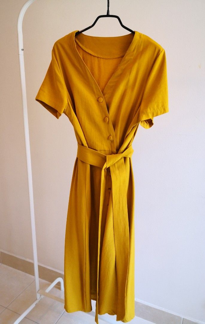 Mustard colour linen midi dress, Women's Fashion, Dresses & Sets