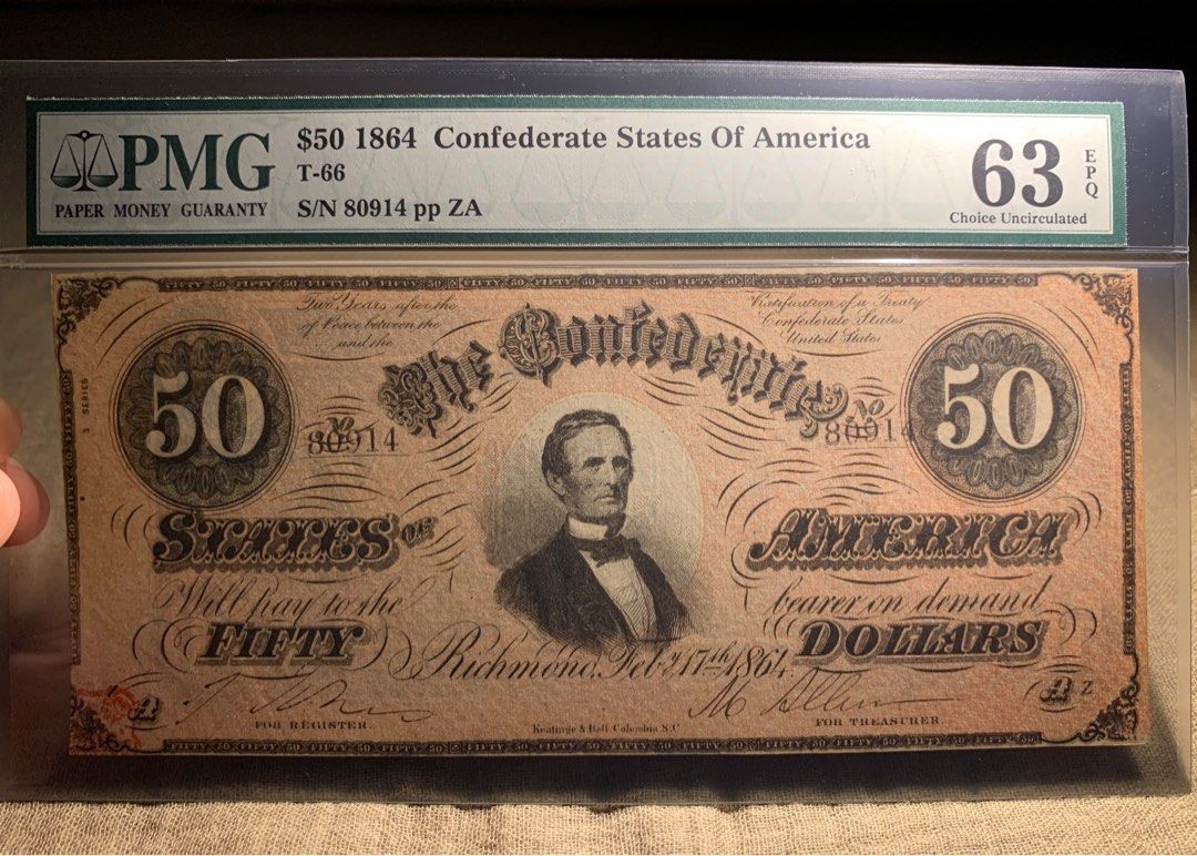 🎉PMG63E 😍 南方聯邦政府銀行(傑佛遜戴維斯)😍 美利堅聯盟國總統🎉 $50 🇺🇸美元老邦聯流通鈔票1864 年。 編號80914  左下角蓋有紅印。 這個紙幣有150年歷史