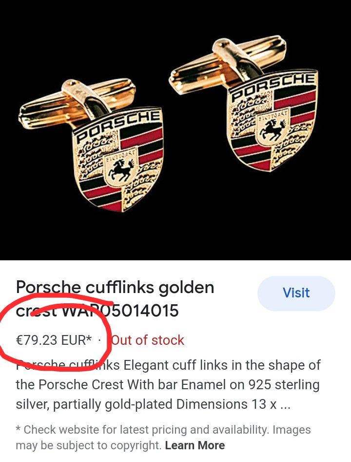 Porsche Design gold cufflinks - AUTHENTIC GERMAN-MADE! (Category: Cuff Links) located in Quezon City. Submitted by svami (Listing ID 1199439884, Image 3). Description: Purchased in 2010 from the authorized Porsche dealership in Perth, Australia. No longer in production! Almost ₱5,000 new. Needs cleaning with a metal cleaning solution (available at hardware stores)..