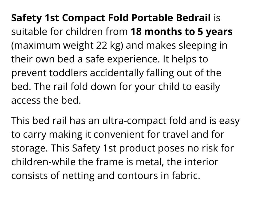 Safety 1st Compact Fold Portable Bed Guard, Babies & Kids, Baby Nursery
