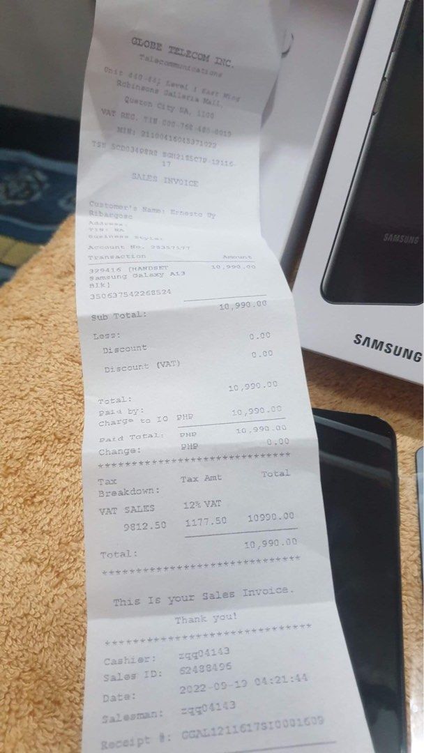 Samsung galaxy A13 (Category: Samsung) located in Quezon City. Submitted by dressingroombylech (Listing ID 1199490021, Image 2). Description: For sale: Brand new Samsung Galaxy A13 (Black) Dual Sim With warranty and receipt from Globe store Original Charger, Cable and Box included 9k only. RFS: Spare phone.