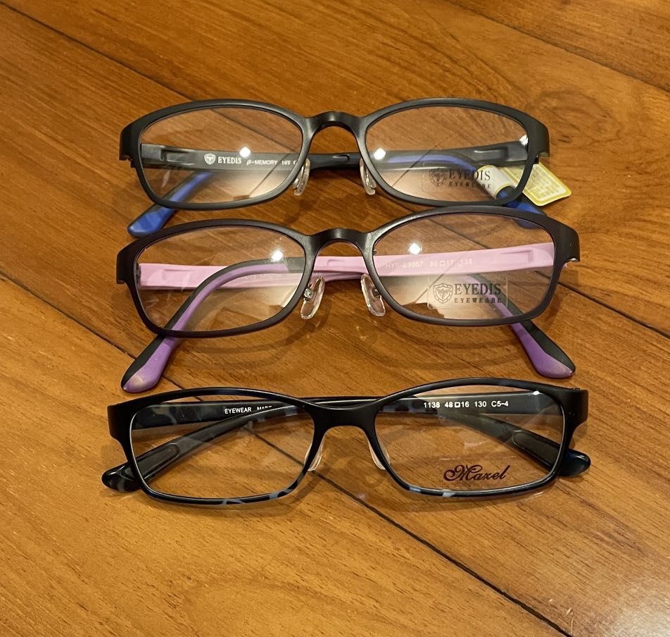 Spectacle frames (Category: Sunglasses & Eyewear) located in Singapore. Submitted by mainlykidsthings (Listing ID 1199500191, Image 1). Description: Brand new frames. The top two are the same size and shape so you can ask the optician to help change the lenses for a new look! All are plastic and light weight. Bought them while in Korea on holiday but did not get the chance to dress up after Covid hit. Comes with spectacle box.