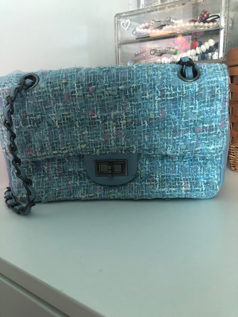 Wool Tweed Flap Gold Strap Handbag