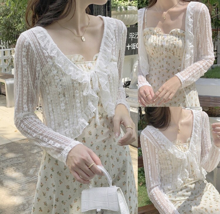 white lace sheer frilly self tie cardigan y2k ulzzang acubi fairy ...