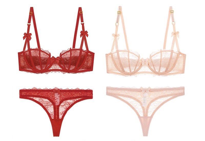 Ladies Sexy Lace Ultra-thin Transparent Half Cup Bra + Panty Set
