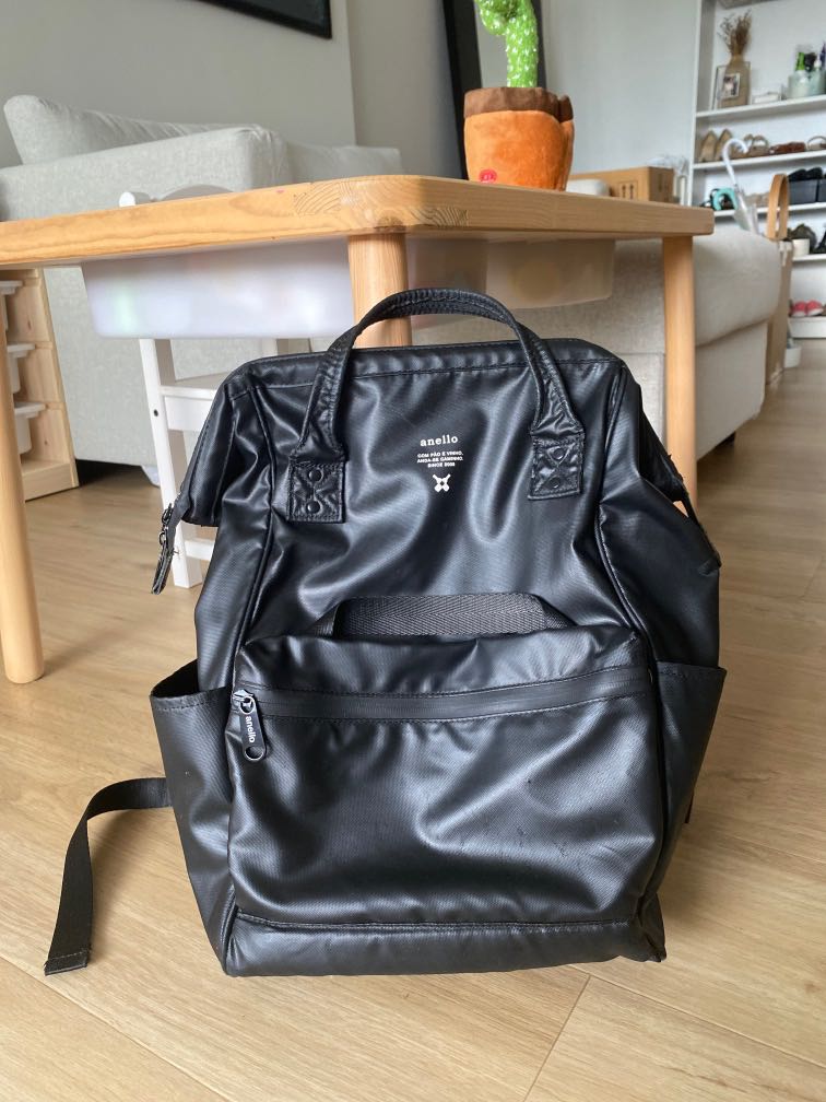 Authentic Anello Black Leather Look Backpack, Women's Fashion, Bags