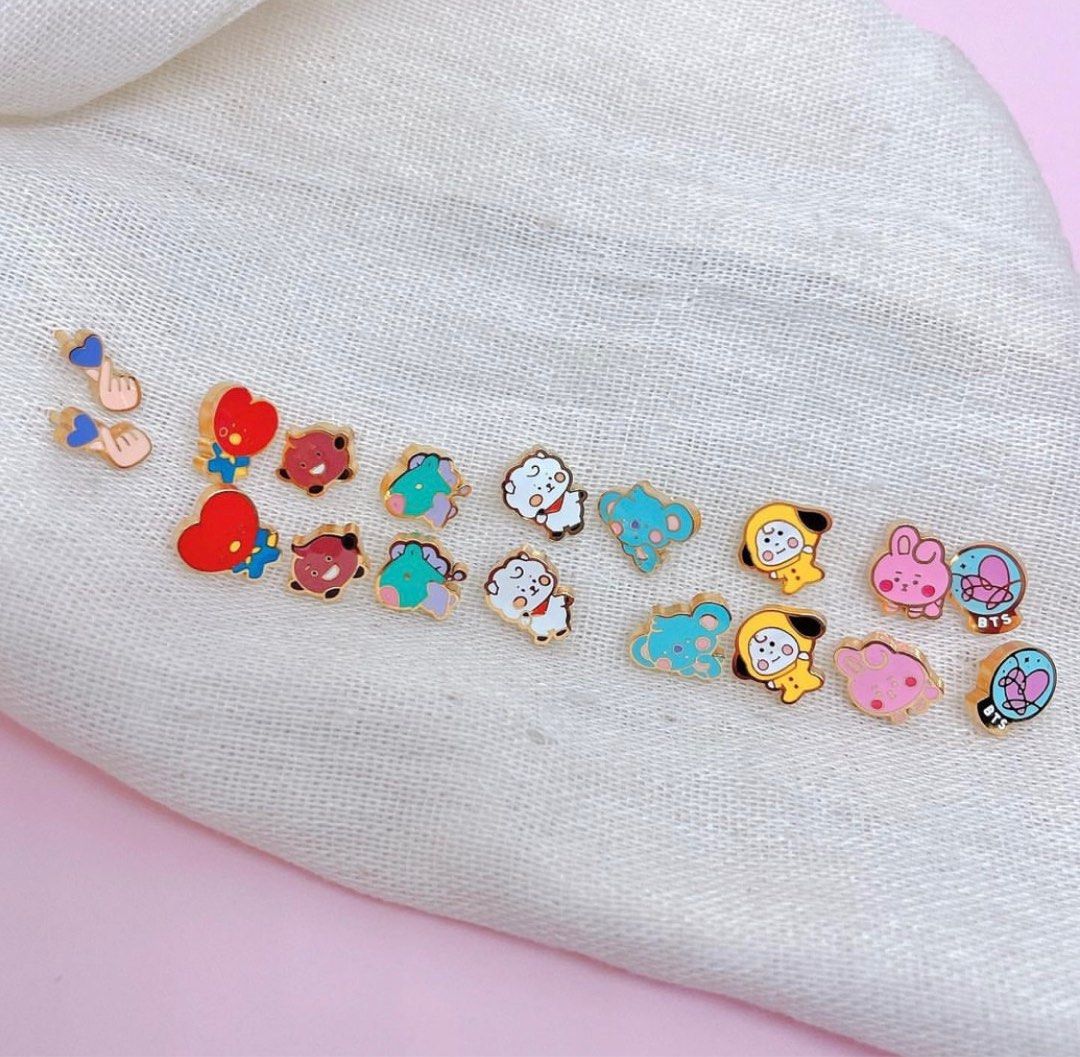 KPop BTS BT21 earrings set (Category: Earrings) located in Taguig. Submitted by adethmae (Listing ID 1199692730, Image 2). Description: 9 pcs BTS BT21 KPop stainless steel de roscas earrings Hypoallergenic. Made up of high quality stainless steel. Sold as set. #KPOP #Korea #BTS .