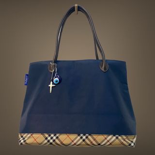 Vintage Burberry Blue Label navy blue nylon tote shoulder bag with cross-shaped pearl keychain