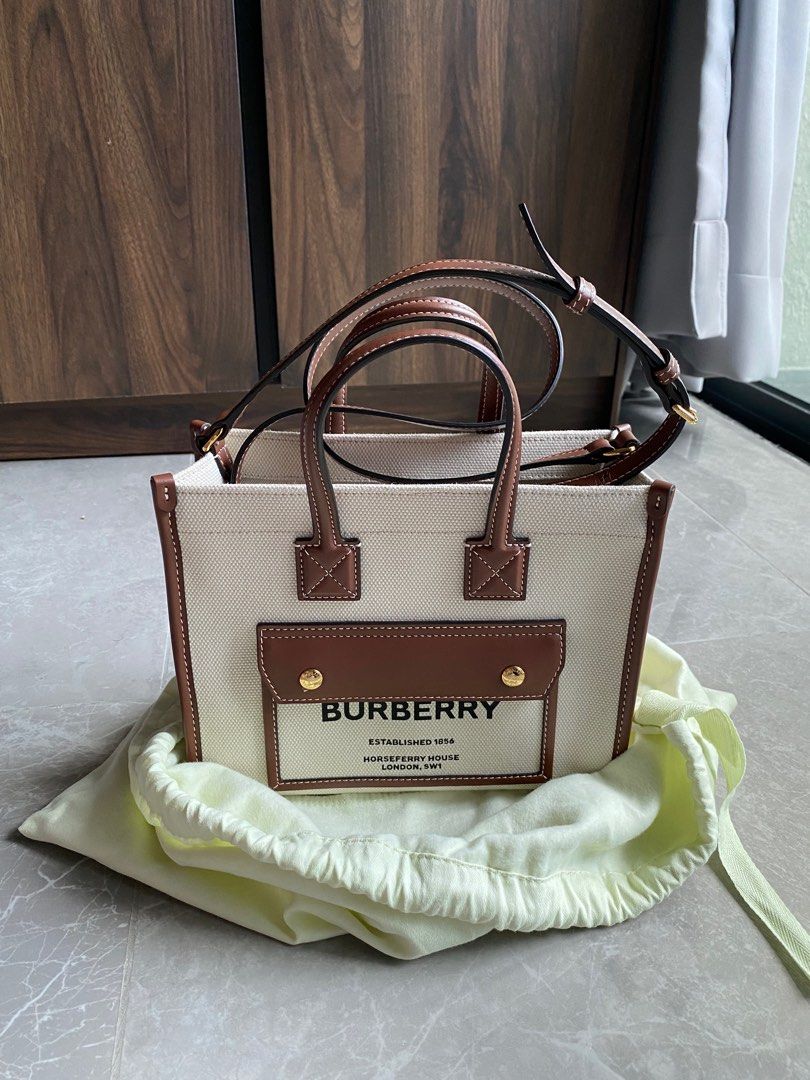 Burberry Mini Freya Tote (Two-tone Canvas and Leather in Natural/Tan),  Luxury, Bags & Wallets on Carousell