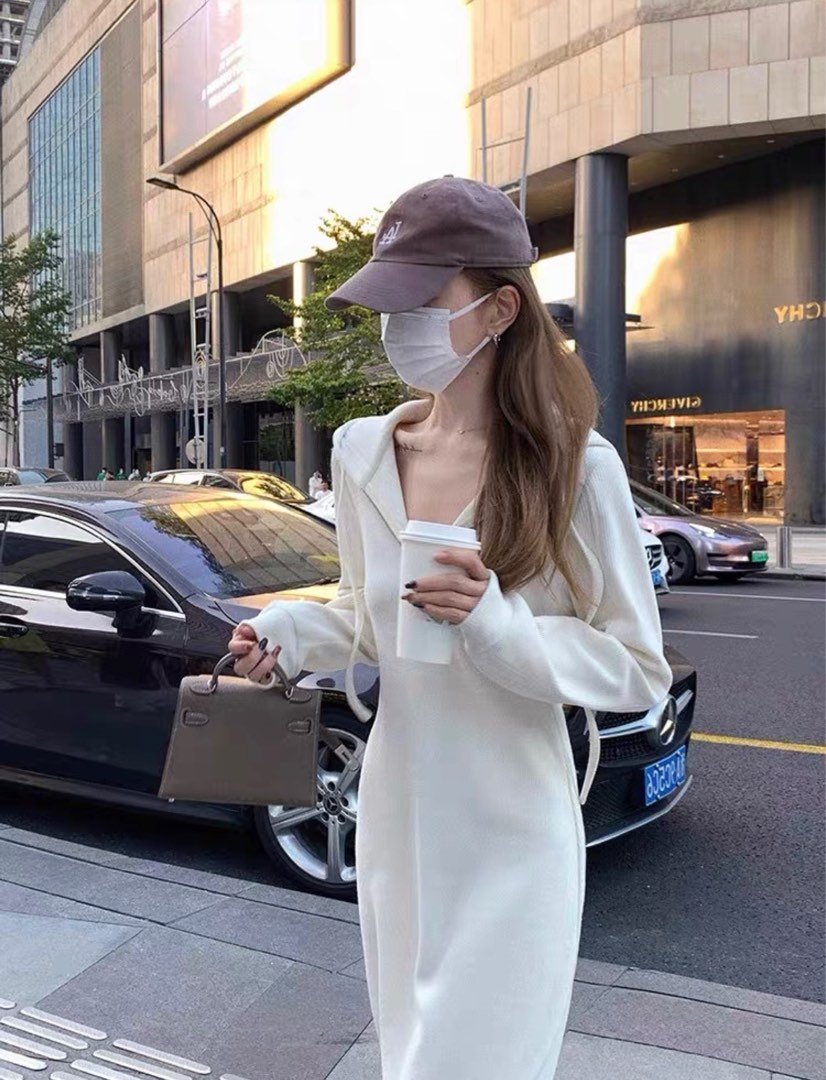 Hooded White Dress Autumn Winter Thin Waist Women s Fashion