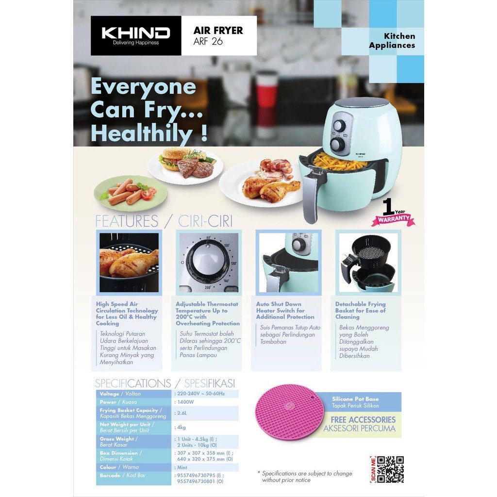 Khind 2.6L Electric Turbo Air Fryer ARF26 with Timer & Temperature