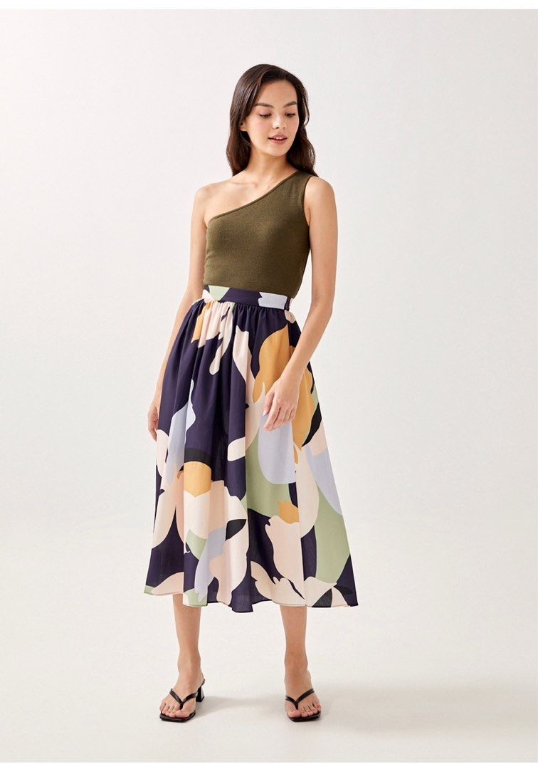Love Bonito Gracen Ruched Flare Midi Skirt in Alluring Bloom Navy