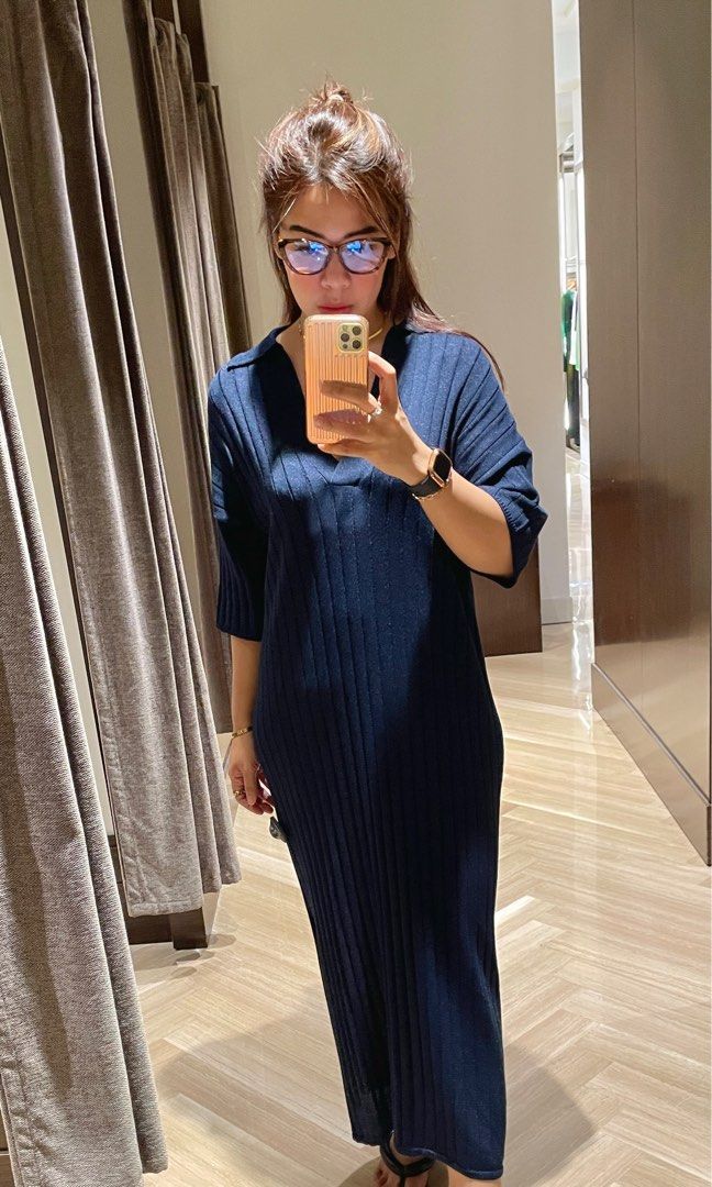 Massimo Dutti Ribbed Knit Dress in Navy
