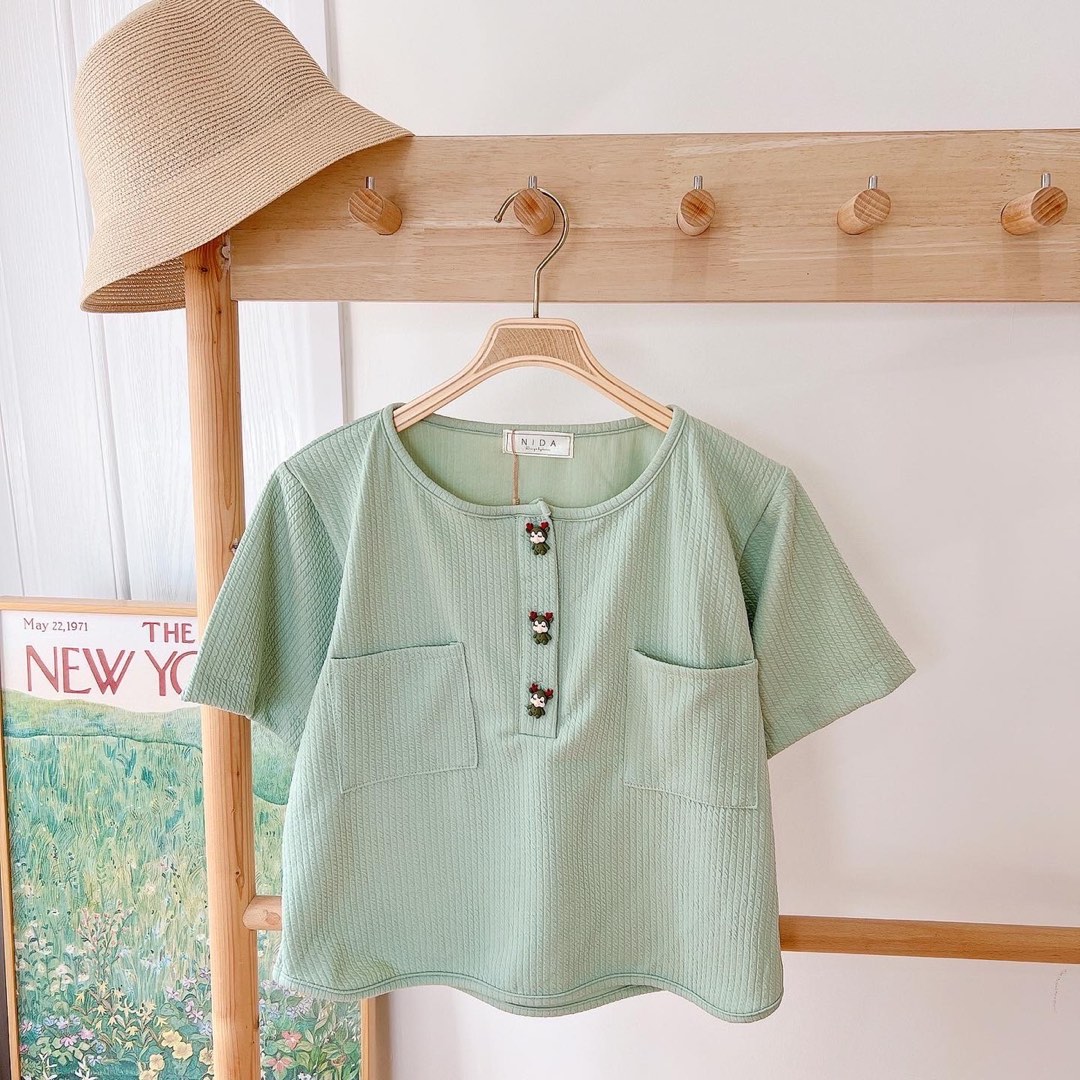Pastel green top with buttons, Women's Fashion, Tops, Blouses on Carousell