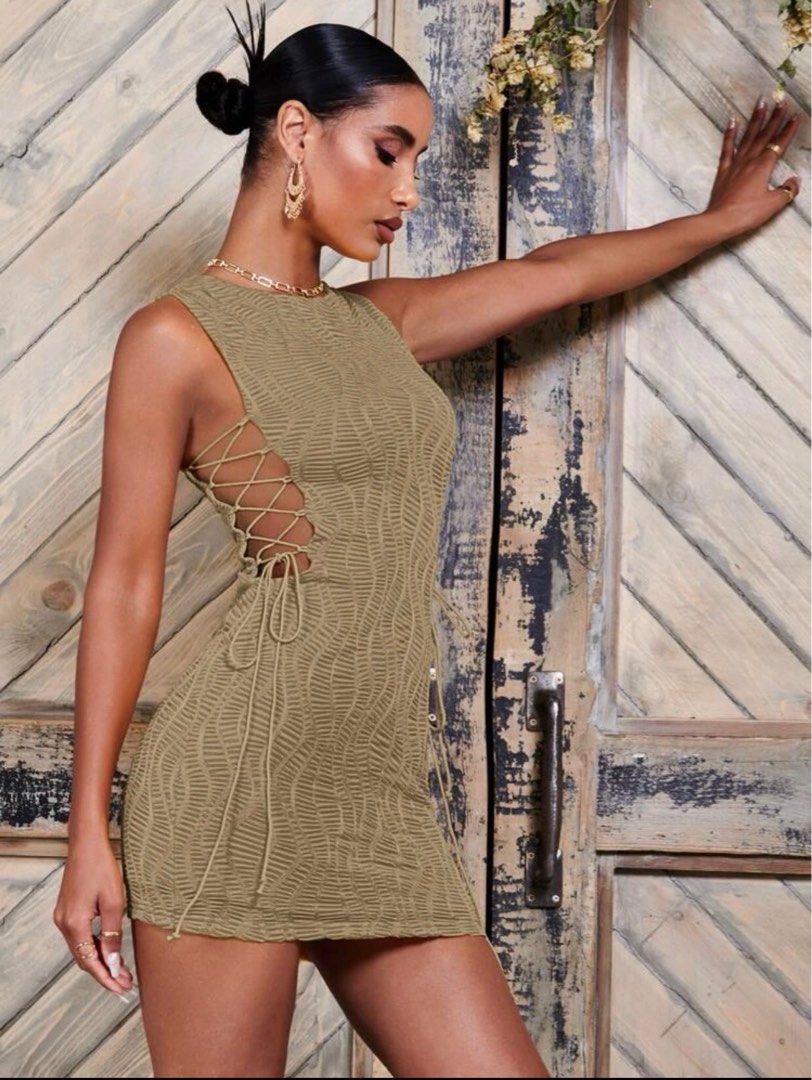 SHEIN BAE Lace Up Backless Wrap Hem Velvet Cami Dress