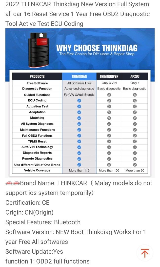 Thinkcar thinkdiag obd2 scanner, Auto Accessories on Carousell