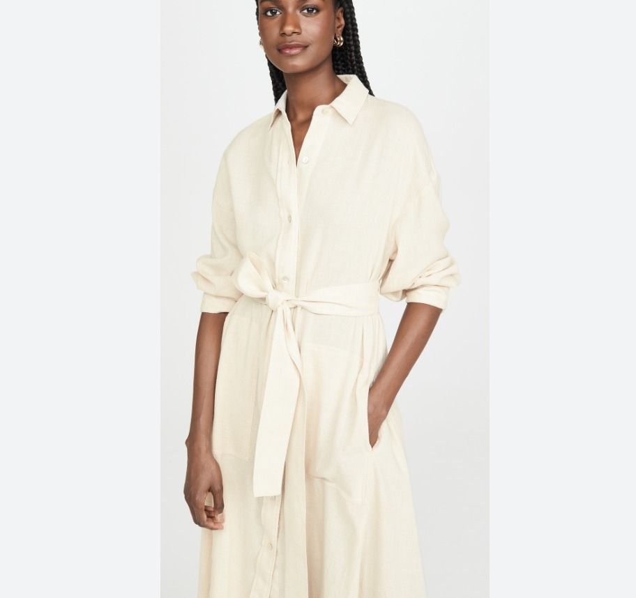 Vince Belted Midi Shirt Dress Beige Long Sleeve Belted Collared