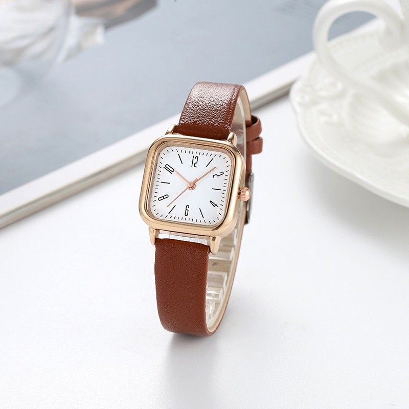 Vintage inspired square dial ladies quartz watch in brown strap