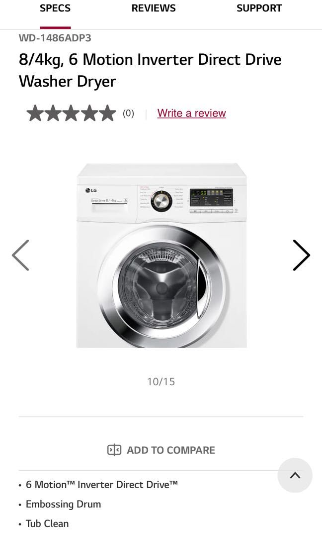 LG, 8/4kg, 6 Motion Inverter Direct Drive Washer Dryer, TV & Home