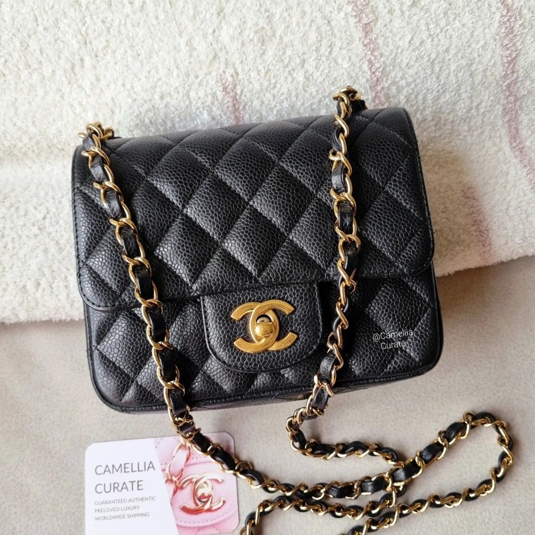 Chanel Mini Caviar Black Square Gold Hardware, Luxury, Bags