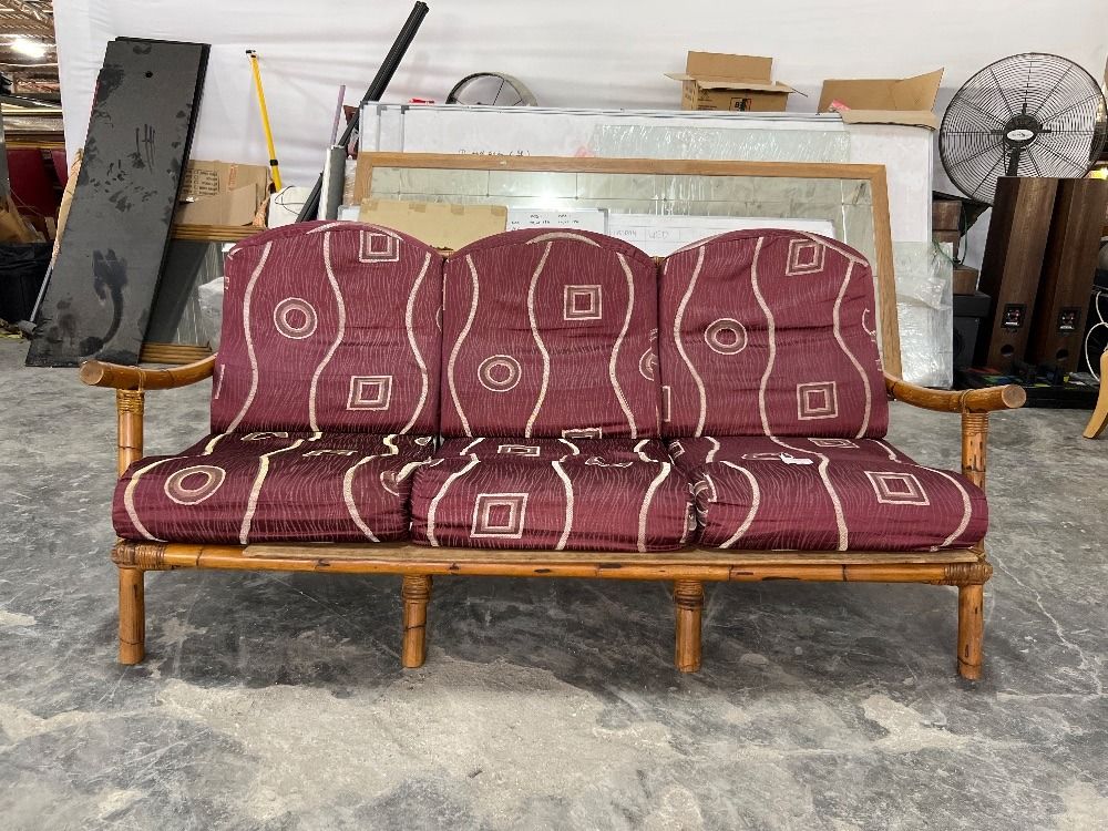 Rattan Frame Red Fabric 3Seater Sofa / Bingkai Rotan Kain Merah Sofa 3