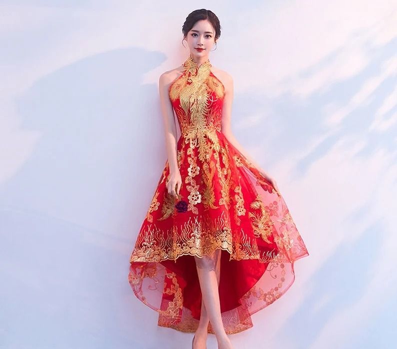 Red Gold Phoenix Tea Wedding Dress