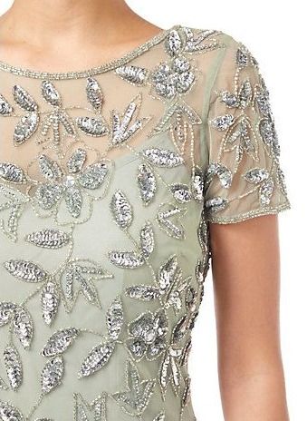 Floral beaded godet gown with short sleeves best sale