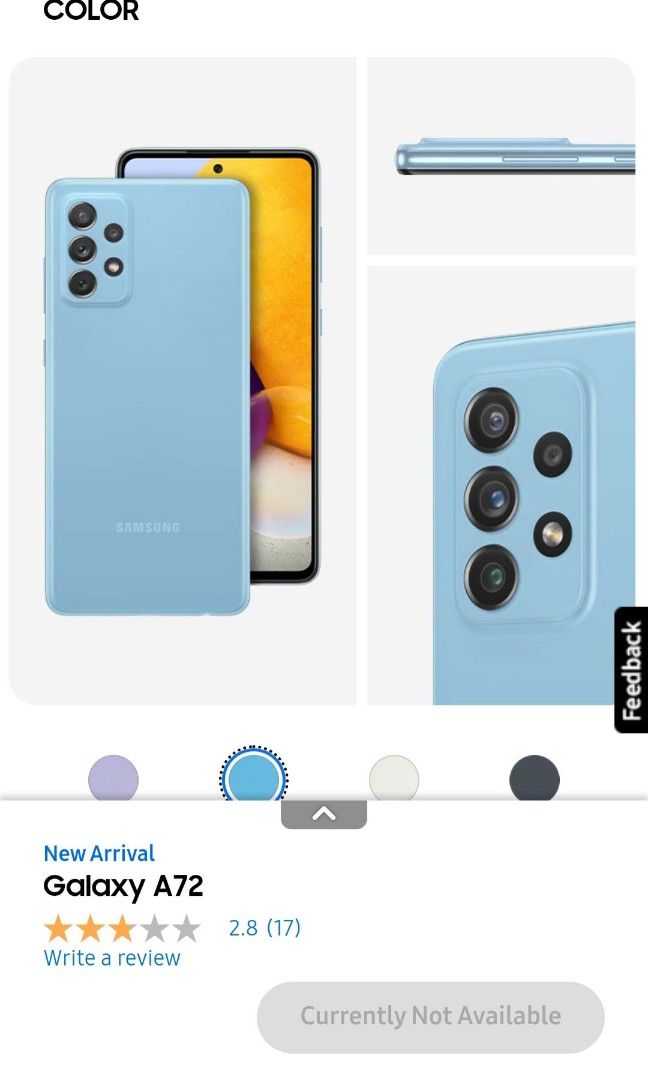 SAMSUNG A72 BLUE LIKE NEW (Category: Samsung) located in Makati City. Submitted by tuffbrat (Listing ID 1199978897, Image 3). Description: Color Awesome Blue 6.7" 1080x2400 pixels 64MP 5000mAh Li-ion battery Complete with box RAM 8GB STORAGE 256GB.