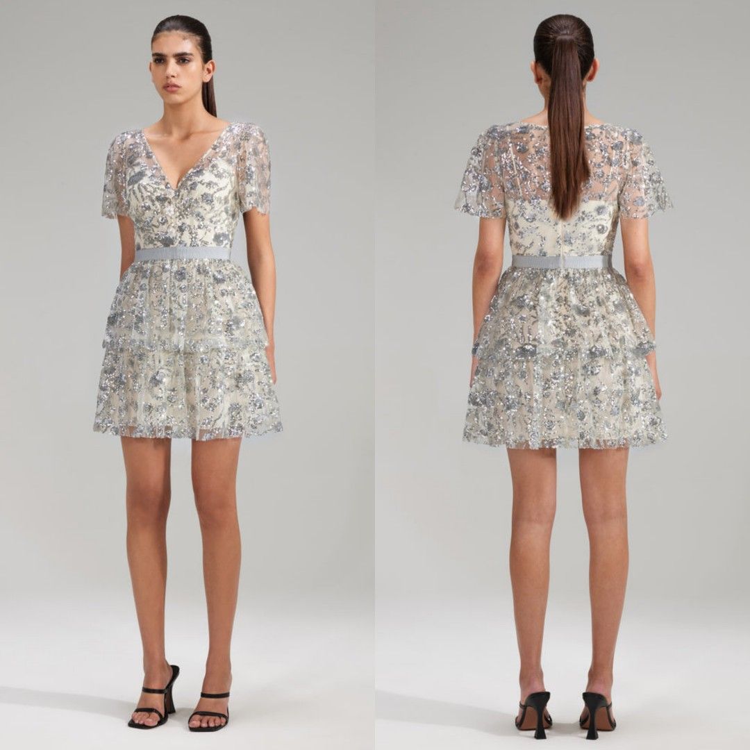 sachin and babi light blue dress SELF PORTRAIT 2024 Rhinestone mesh champagne tulle embellished mini dress  UK6 XS For Sale at 1stDibs