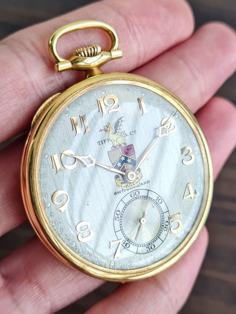 Unique 1925 Tiffany Co and Longines Open Face Pocket Watch in Solid 18K Yellow Gold with