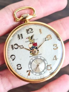 Unique 1925 Tiffany & Co and Longines Open Face Pocket Watch in Solid 18K Yellow Gold with "Kal" Coat of Arms and "CME" Monogram