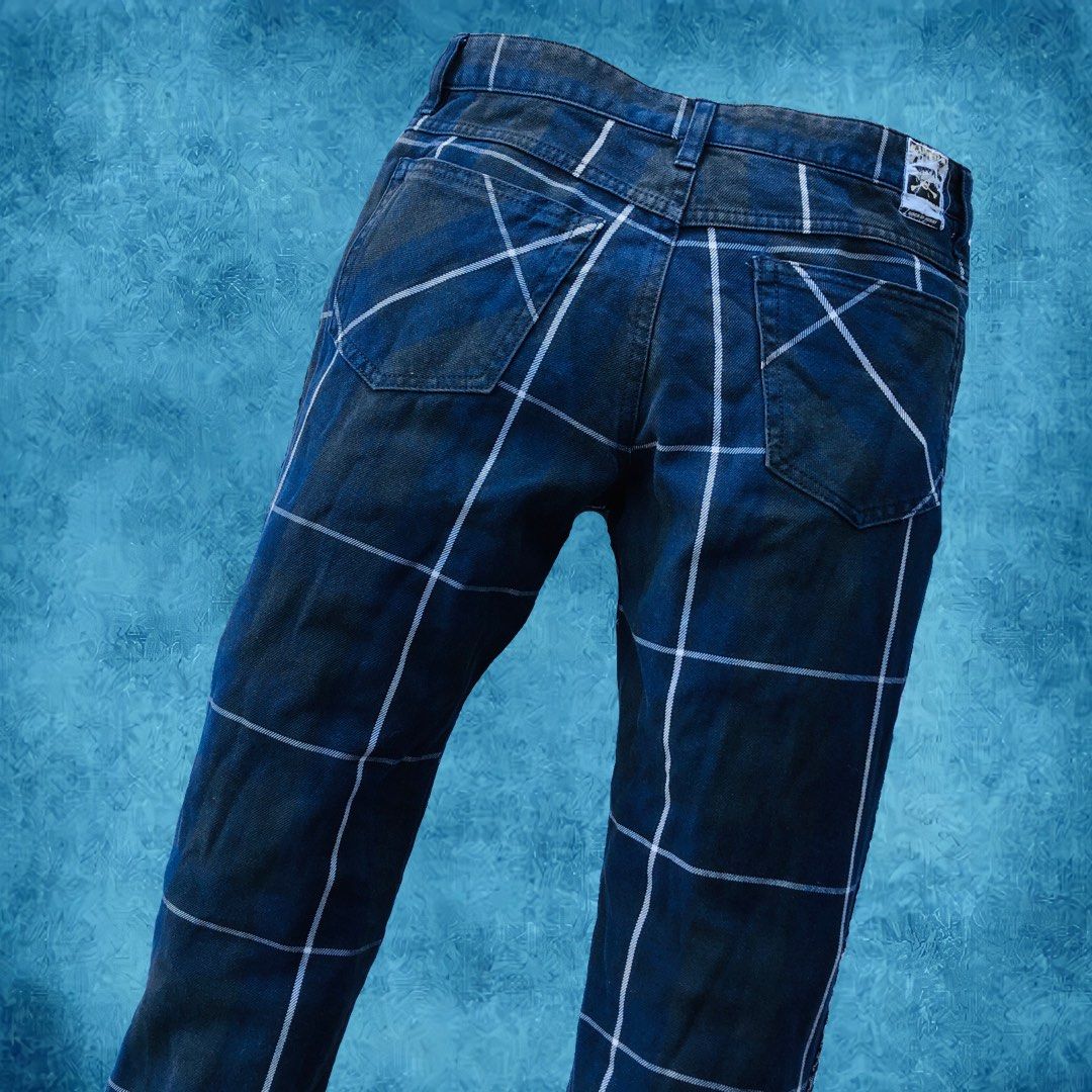 Vintage celana Bondage pants punk super lovers tartan side tape