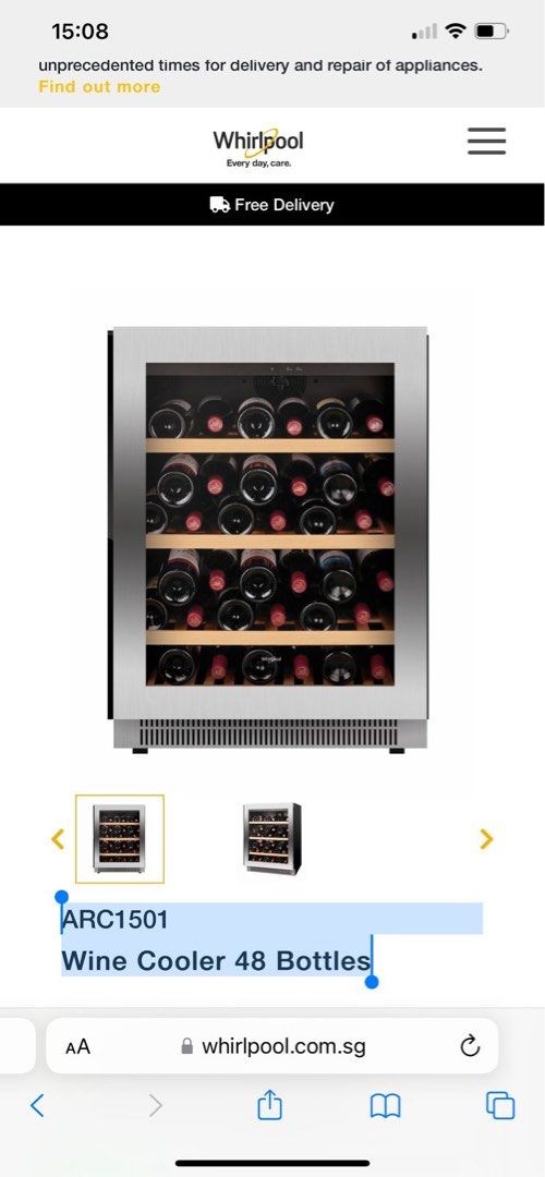 Whirlpool ARC1501 Wine Cooler 48 Bottles Display set, TV & Home