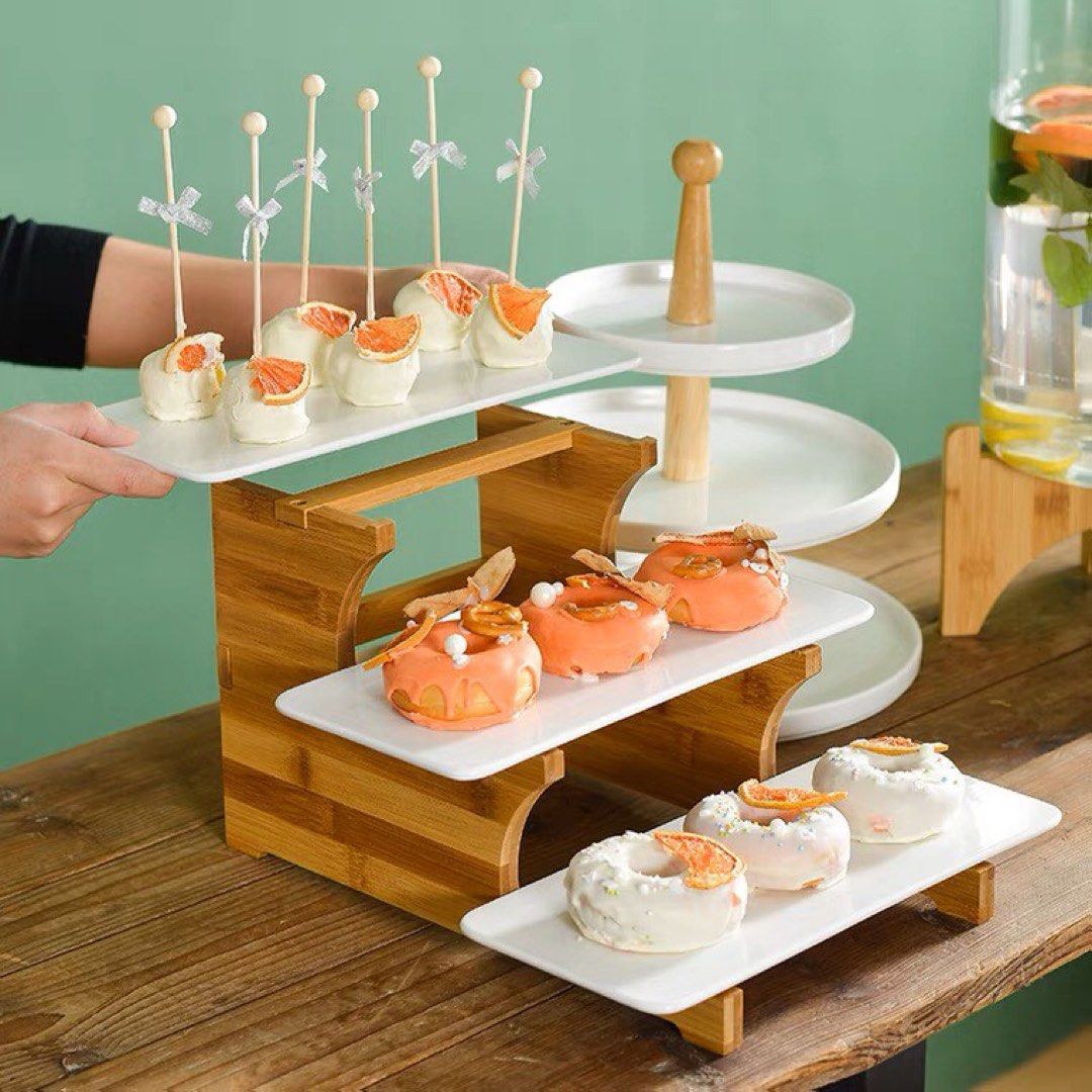 White x Wood Cake Dessert Table Stand Set for Rent Furniture Home Living Kitchenware Tableware Bakeware on Carousell