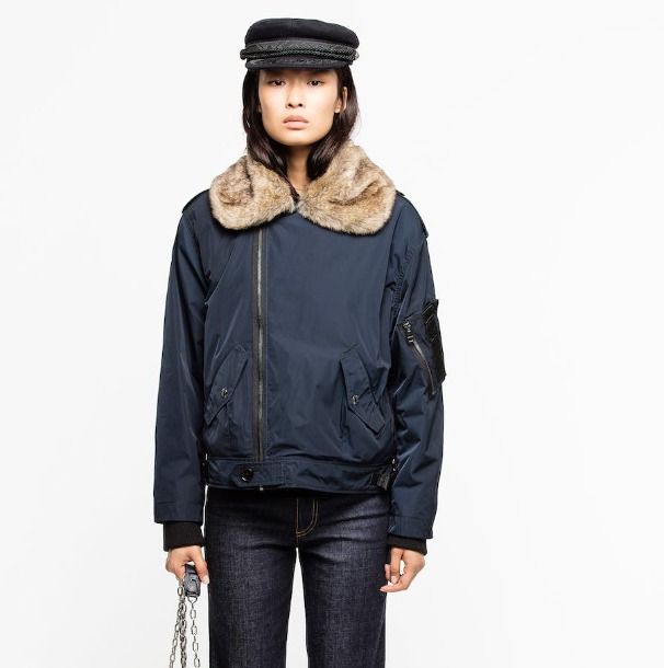 Blue bomber jacket with fur collar outlet