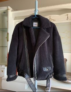 ZARA Black Oversized Fleece Furry Coat Biker Jacket Winter Jacket