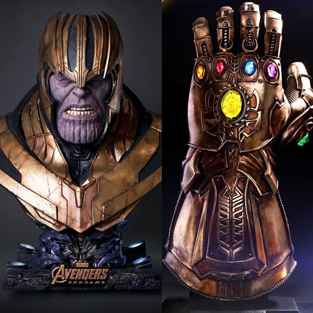 1 1 scale Queen Studios Thanos Life Size Bust and 1 1 scale Hot Toys Infinity Gauntlet