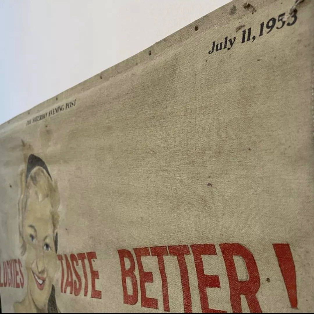 1953 Hand Painted Lucky Strike advertisement (Category: Vintage Collectibles) located in Manila. Submitted by keepposted (Listing ID 1194521241, Image 2). Description: Hand painted on canvas Lucky Strike Pin-up Lady advertisement featured in Saturday Evening Post July 11, 1953. .