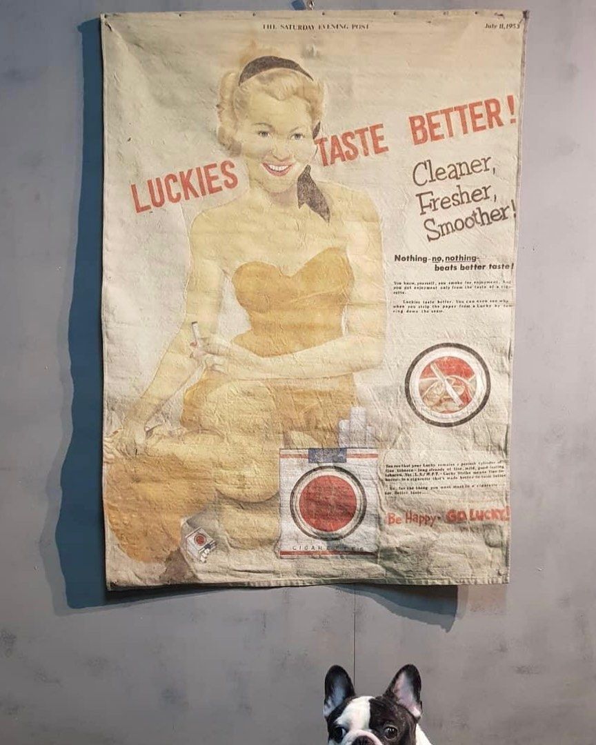 1953 Hand Painted Lucky Strike advertisement (Category: Vintage Collectibles) located in Manila. Submitted by keepposted (Listing ID 1194521241, Image 1). Description: Hand painted on canvas Lucky Strike Pin-up Lady advertisement featured in Saturday Evening Post July 11, 1953. .