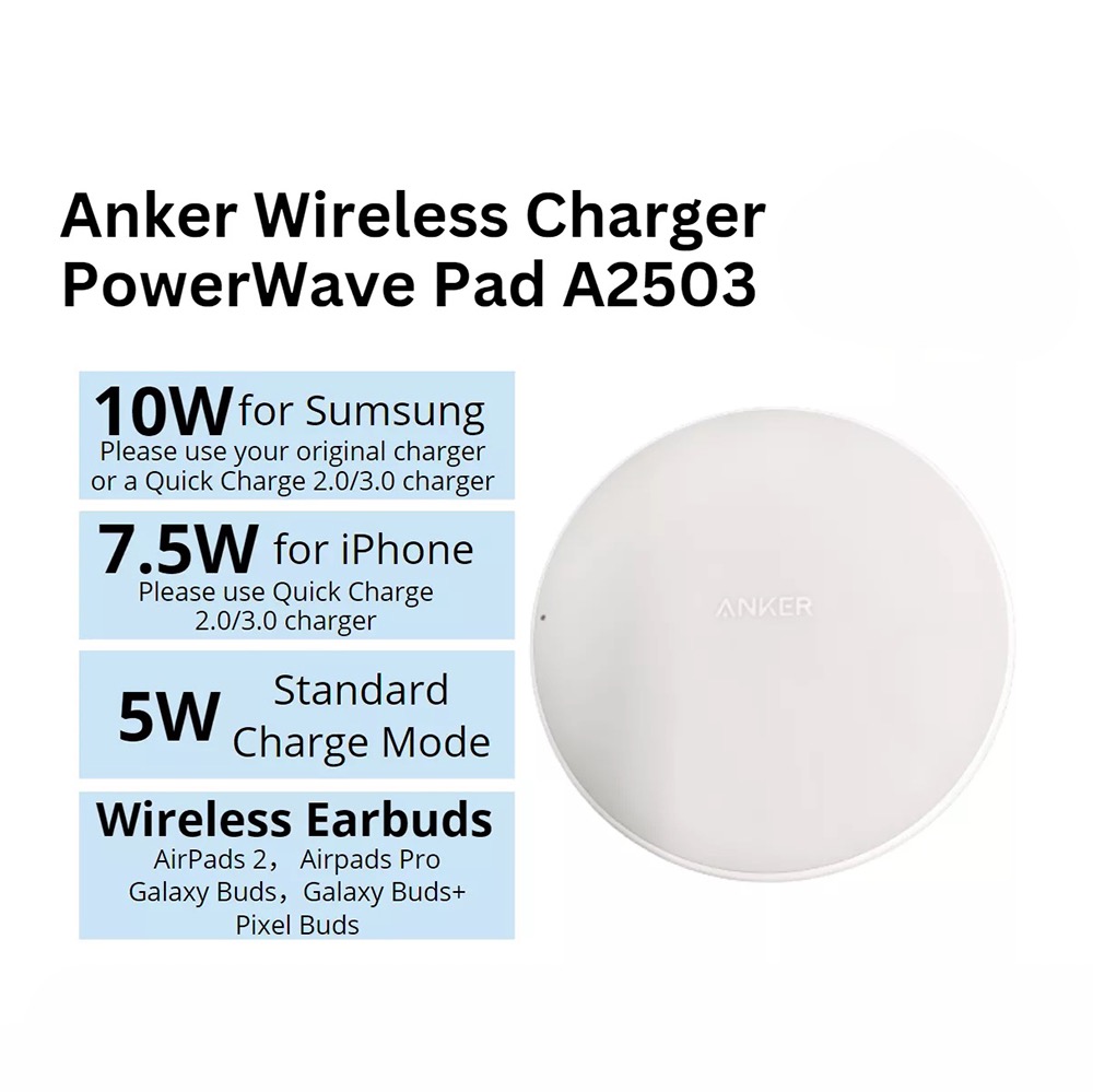 Anker Wireless Charger PowerWave Pad A2503 QiCertified 10W Max (White