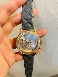 BEBE Rose Gold Rhinestone Blinged Gray Leather Strap.