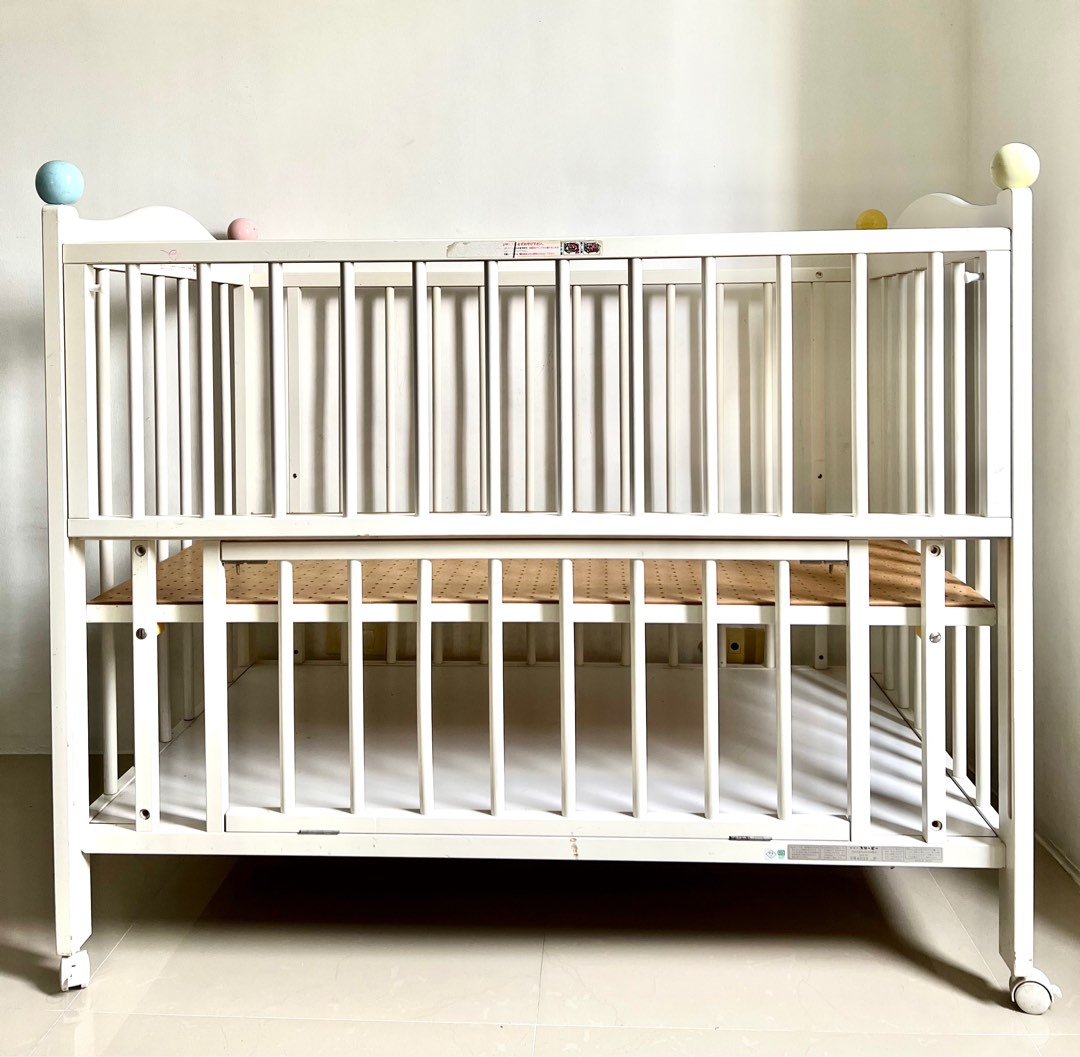 Wooden adjustable Crib made in Japan with Uratex foam & side beddings, Babies & Kids, Baby