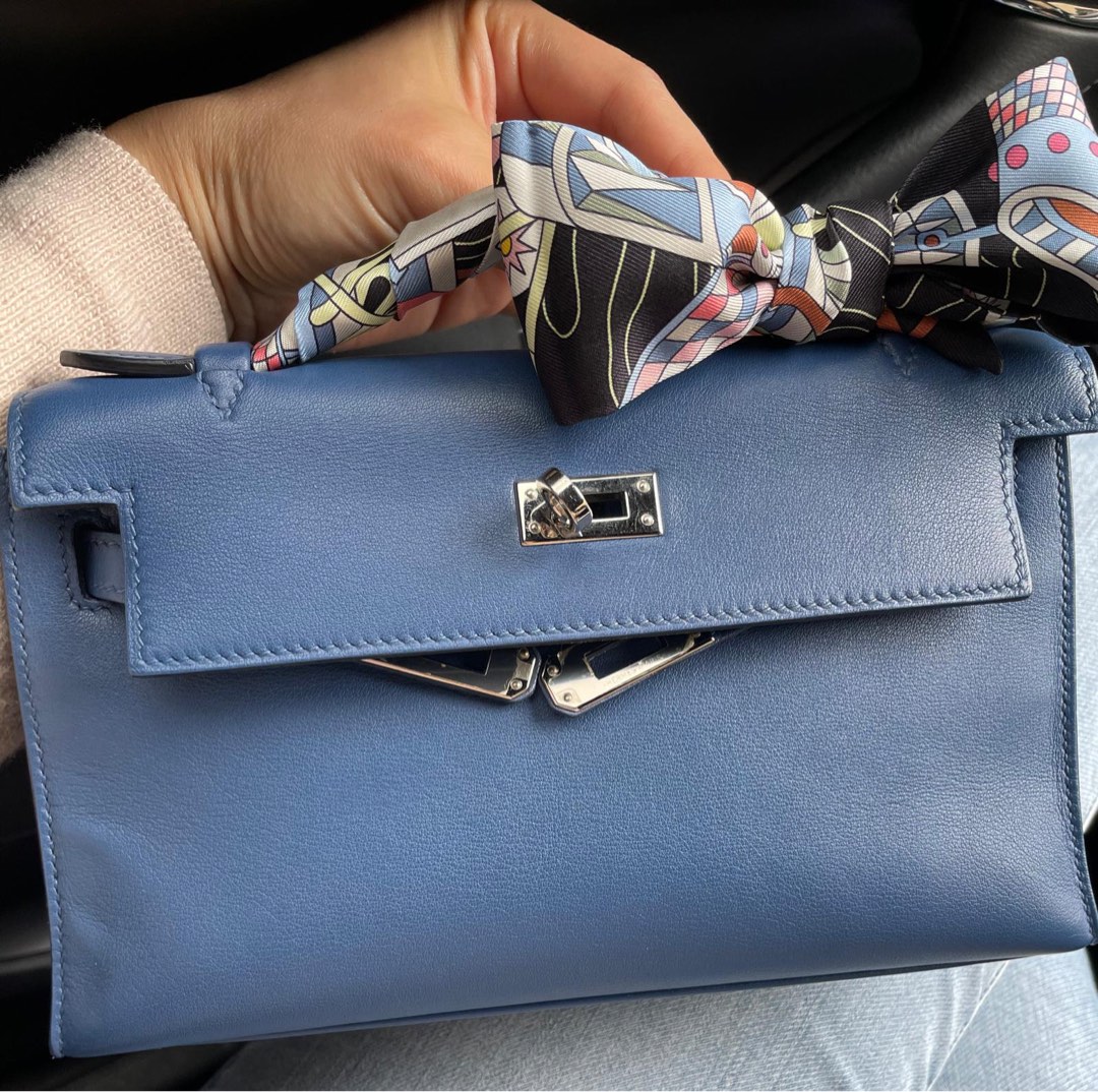 Hermes Kelly 22cm Bleu Brume Mini Pochette Swift PHW