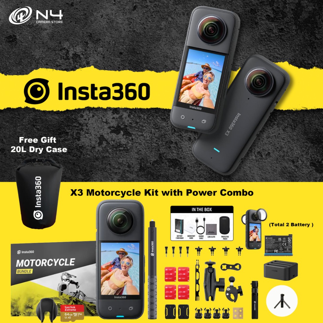 Insta360 X3 Motorcycle Kit with Power Combo, Photography, Cameras on