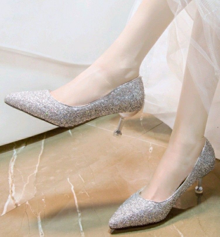 Ladies Shimmering Silver Cinderella High Heels Ladies Pointed